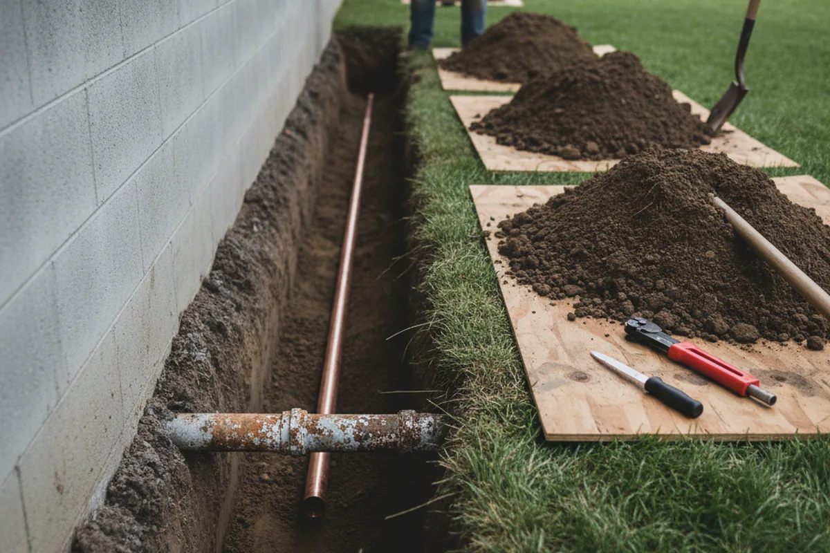 Excavated water line trench during Sewer Line Repair in Adel